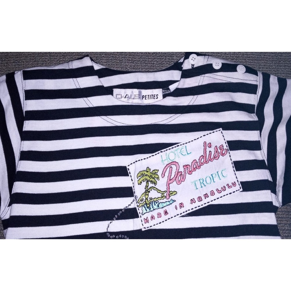 Vintage Shirt Short Sleeve Beaded Striped Petite Hotel Paradise Honolulu Travel‎